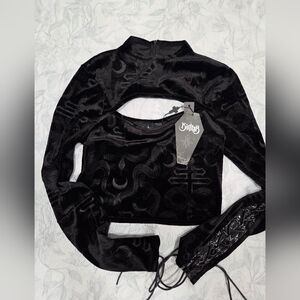 Killstar Black Velvet Cutout Lace-Up Sleeve Crop Top